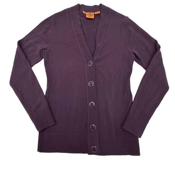 Tory Burch Wool Preppy Logo Cardigan Buttons Sweater Simone Purple Small - Picture 1 of 4